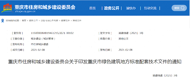 重慶市住房和城鄉建設委員會關于印發重慶市綠色建筑地方標準配套技術文件的通知