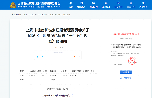 上海市住房和城鄉(xiāng)建設管理委員會關于印發(fā)《上海市綠色建筑“十四五”規(guī)劃》的通知