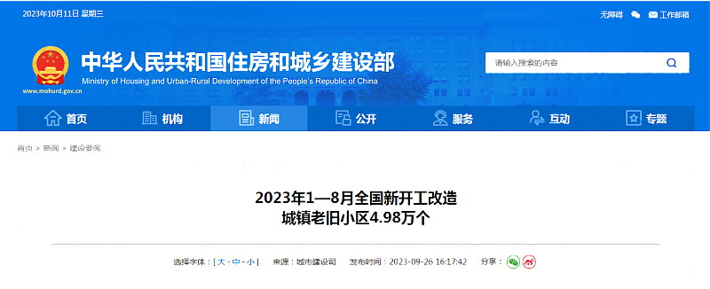 2023年1—8月全國新開工改造_城鎮老舊小區4.98萬個