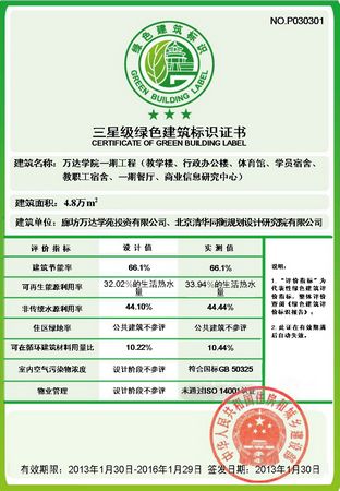 萬達(dá)學(xué)院一期工程獲三星綠色建筑運行標(biāo)識認(rèn)證